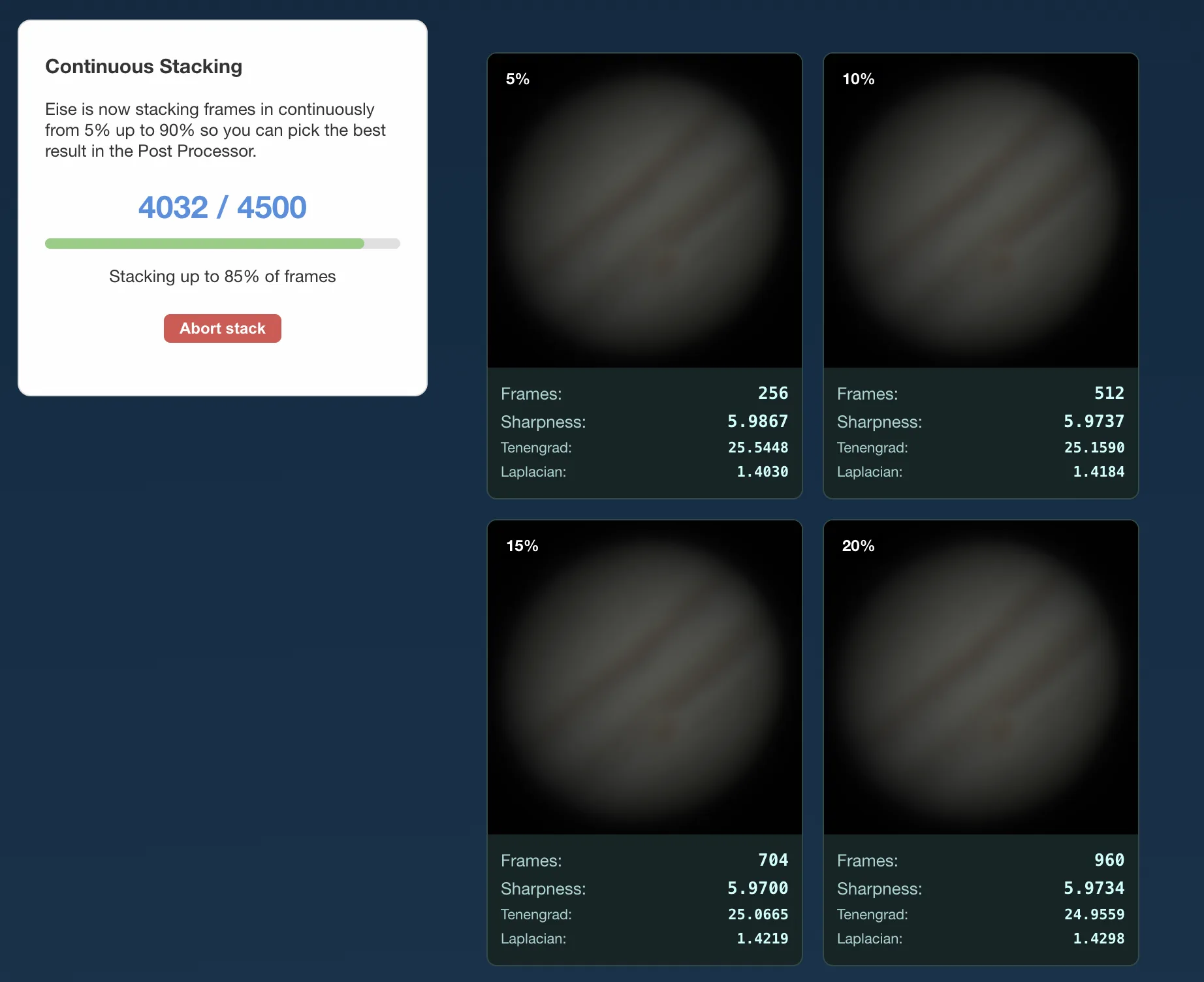 Eise.app continuous stacking output: the same planetary video stacked at multiple frame percentages, shown together for comparison